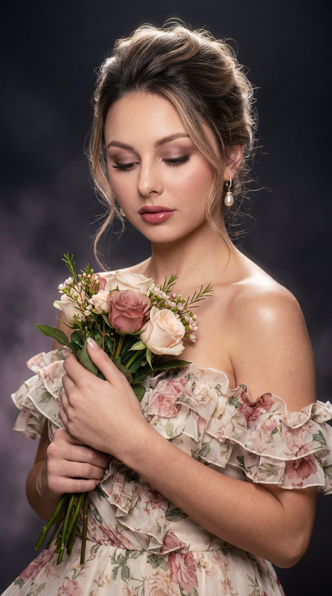 Create image: use the attached image for facial reference with high precision while preserving exact facial structure and natural asymmetry.

SCENE:
Late-90s glamour studio portrait. Subject wearing a luxurious ruffled floral dress with bare shoulders and