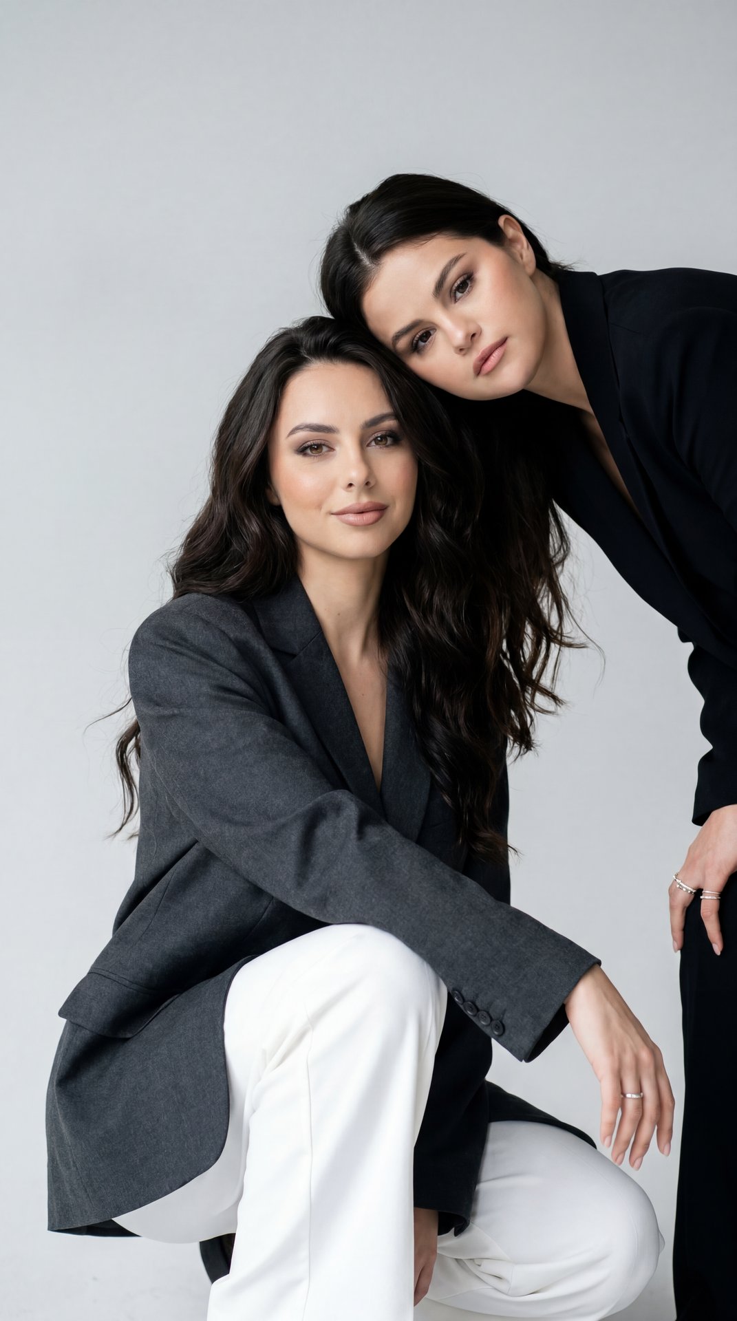 Two female models in a minimalist studio, medium three-quarter portrait, eye-level straight-on angle, professional camera look (85mm, f/2.8), soft diffused studio light, cool-neutral grading, subtle film grain, gentle vignetting. Front model crouched with