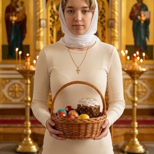 Сохрани мои черты лица и цвет волос темно русый. Одна женщина стоит лицом к камере и спокойно позирует, держит в руках плетеную корзину с пасхальными угощениями. Волосы уложены мягкими локонами, легкий вечерний макияж, аккуратный классический стиль. Облег