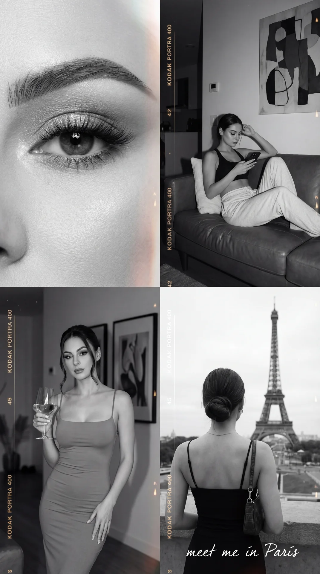 This black and white collage consists of four distinct images, each capturing a different scene or mood.

1. **Top Left:** A close-up shot of an eye. The details are sharp, highlighting long, dramatic eyelashes and a perfectly arched eyebrow. The lighting