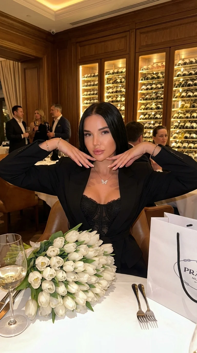 Create a photorealistic image. Use the face from the reference photo and preserve 100% facial features and proportions exactly as they are. An elegant scene inside a luxurious restaurant interior with warm, soft ambient lighting that highlights refinement