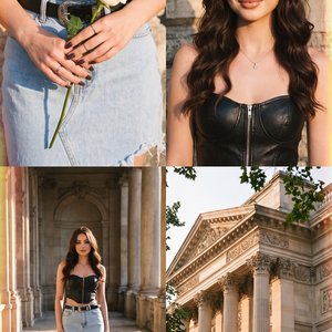 The image is a collage of four photographs, each capturing different elements of a scene. 

1. **Top Left**: This close-up shows a person wearing a black long-sleeve top, holding a white rose. The hands are adorned with simple rings and short, dark-colore