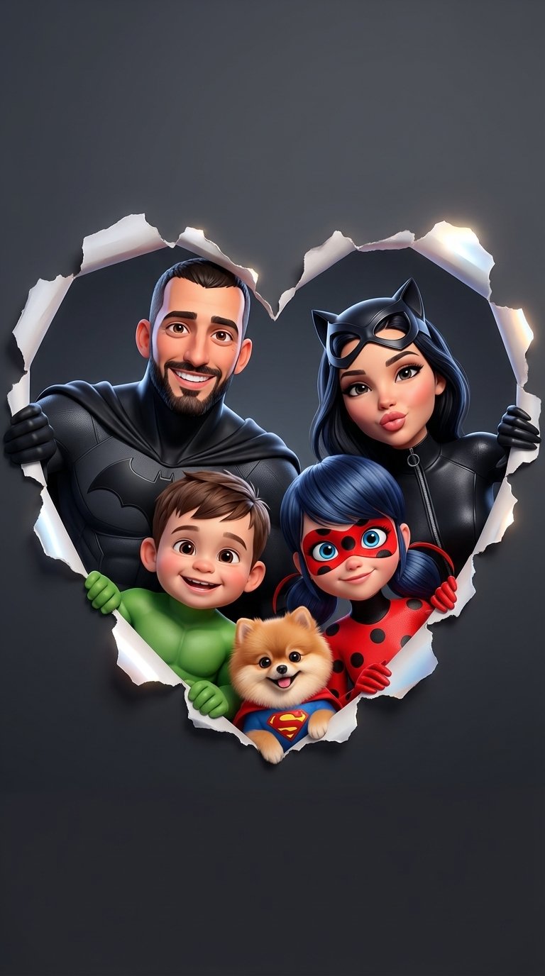 3D портрет семьи супергероев в стиле Disney внутри большого вырезанного сердца, словно разорванного из бумаги, на темно-сером минималистичном фоне. Семья улыбается и выглядывает из отверстия в форме сердца, держа его за края. На фоне семьи тёмный серый цв