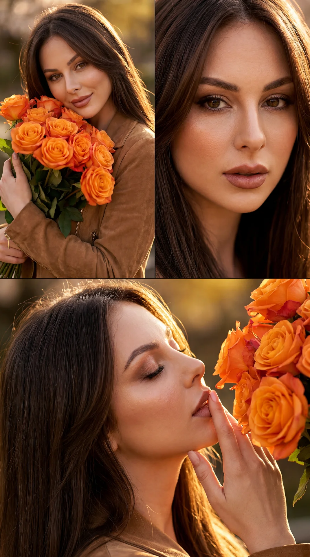 The image is a triptych featuring a woman with long, dark hair and glowing, sun-kissed skin. In the first panel, she holds a bouquet of vibrant orange roses close to her chest, her expression is gentle with a slight, soft smile, and her eyes are highlight
