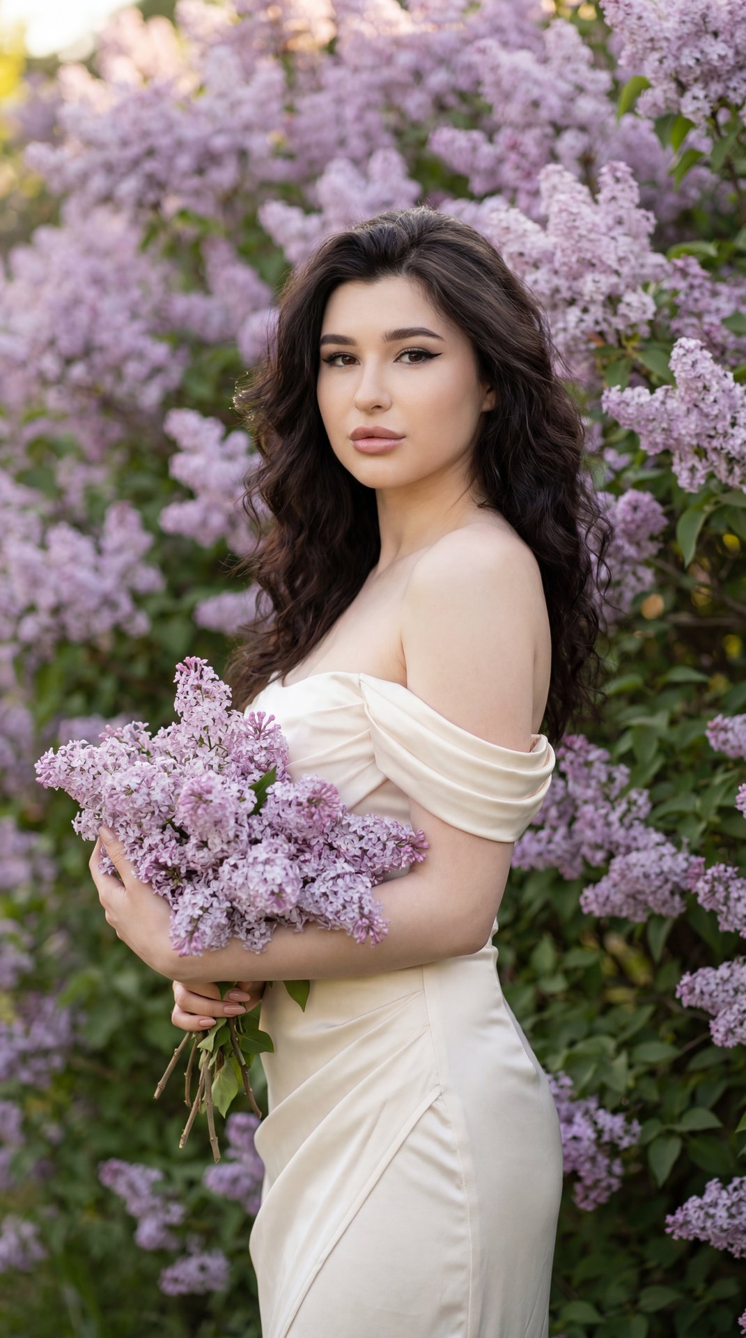 A woman with long softly curled hair stands slightly sideways to the camera among blooming lilac bushes. She is not wearing a hat, allowing her hair to flow naturally around her shoulders.

Shot Type:
Shot from the waist up, the woman is positioned slight