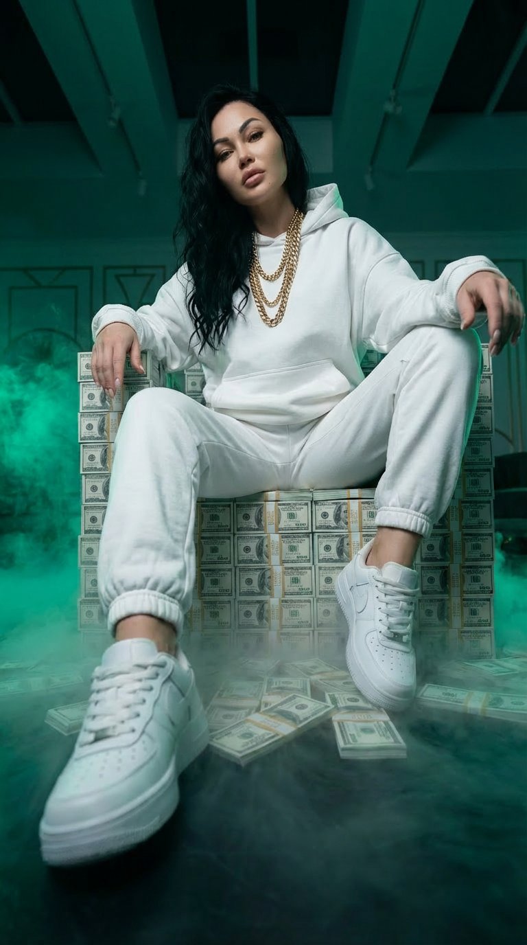 Ultra-realistic cinematic portrait of a person sitting on stacks of cash like a throne, low-angle shot with large foreground shoes. White streetwear, gold chains, relaxed confident pose. Green cinematic fog background, dramatic lighting, teal color grade,