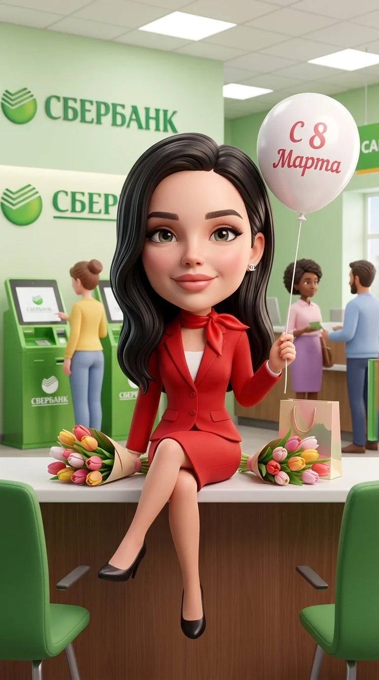 Миловидная девушка в 3D\\\-карикатурном стиле с крупной головой и реалистичными чертами лица, девушка сиди в отделении Сбербанка , в клиссачиском красном костюме, с красным шарфом, в руке она держит воздушный шар белого  цвета с надписью «С 8 Марта»\\\. Р