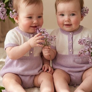 Ultra-realistic professional photo of two identical twin baby girls, 8 months old. They are sitting on a soft cream linen rug, wearing matching beautiful knitted bodysuit dresses in pale lilac and white with tiny pearl buttons. Fresh lilac flowers (syring