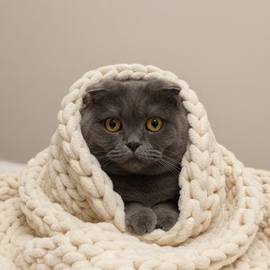 Sitting cozily wrapped in a soft chunky knit blanket, minimalistic aesthetic, soft warm lighting, calm cozy atmosphere, centered composition, lots of negative space, pastel neutral background (beige, cream tones), ultra clean studio look, shallow depth of