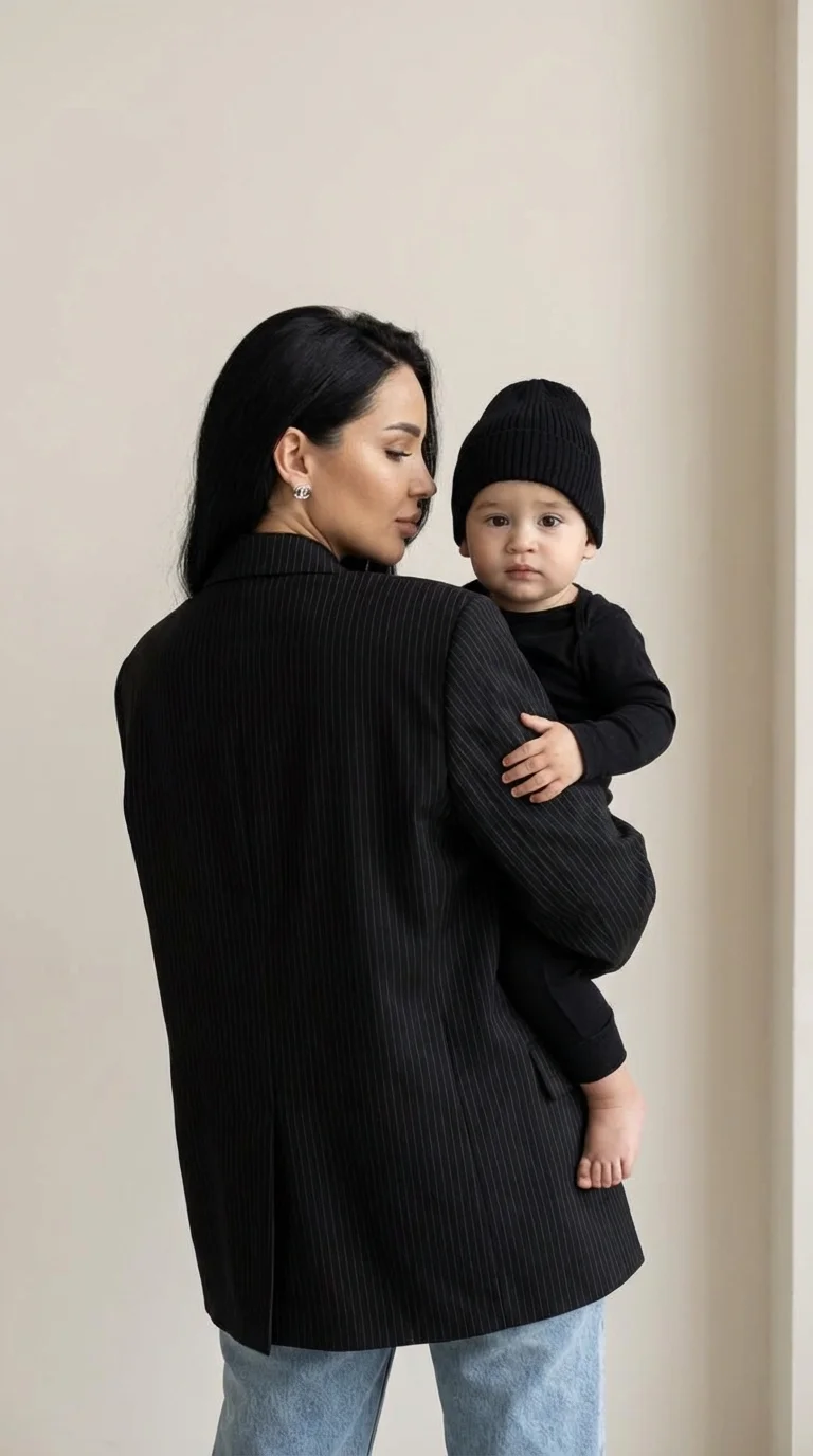 Use the uploaded photo as the exact face reference and keep the faces identical (eyes, nose, lips, skin tone, hairstyle, proportions). Recreate the same composition exactly: a stylish woman standing with her back slightly turned to the camera while holdin