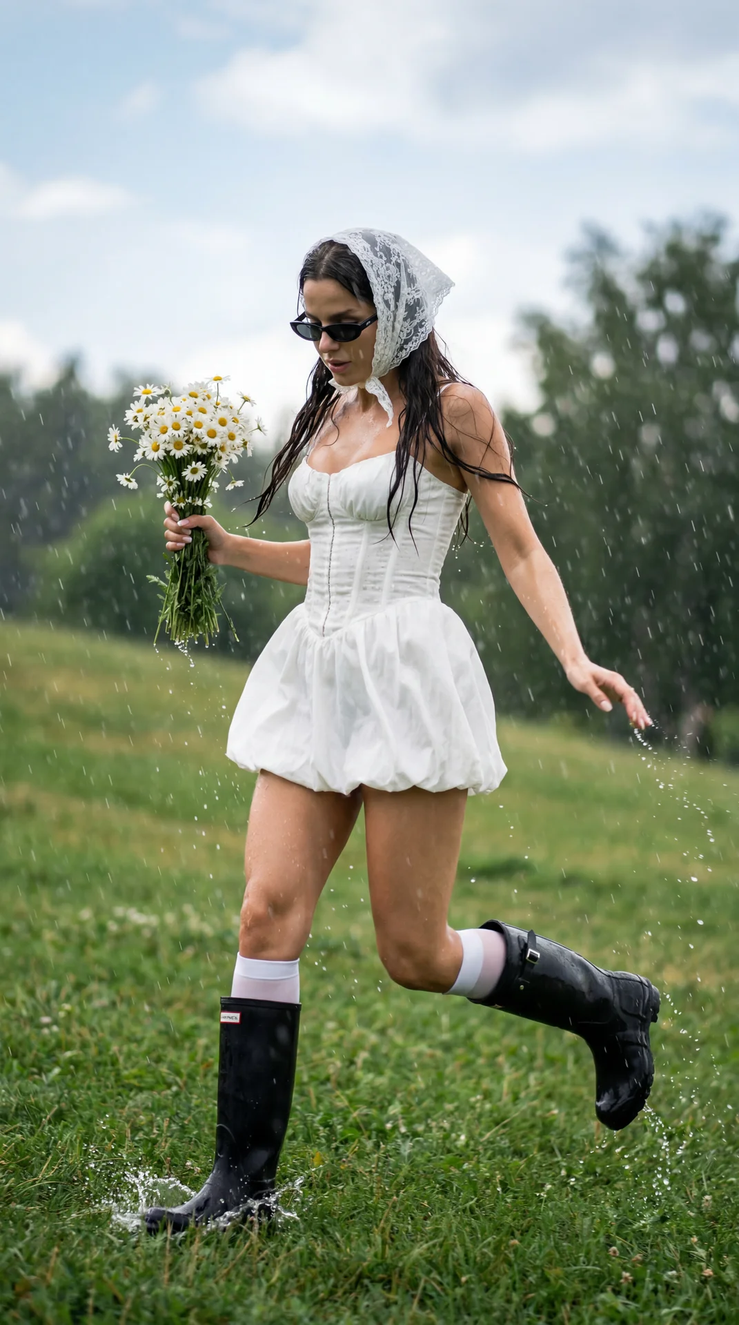 use my photo as the base reference. preserve facial identity exactly: same face, eyes, lips, nose, skin tone, head shape and hair texture. photorealistic.

full body shot, vertical 9:16, camera slightly above.

a girl running across a bright green hill du