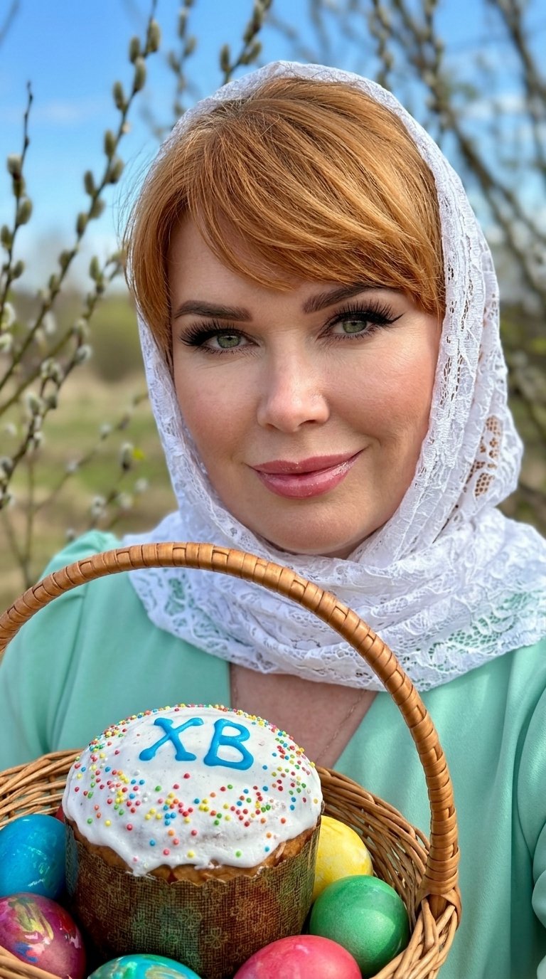 Потрясающий портрет крупным планом светлокожей женщины с эффектным макияжем, сосредоточенной и смотрящей прямо на зрителя. У нее рыжие  волосы, эффектная крылатая подводка для глаз, длинные темные ресницы, идеально очерченные брови и полные блестящие розо