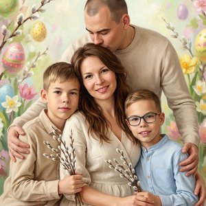 Фотореалистичная digital иллюстрация в живописном стиле (soft oil painting / fine art), вертикальный формат 9:16.
❗️ABSOLUTE IDENTITY LOCK 1:1 — сохранить внешность всех членов семьи без изменений.

Композиция:
семья из четырёх человек (мама, папа и двое 