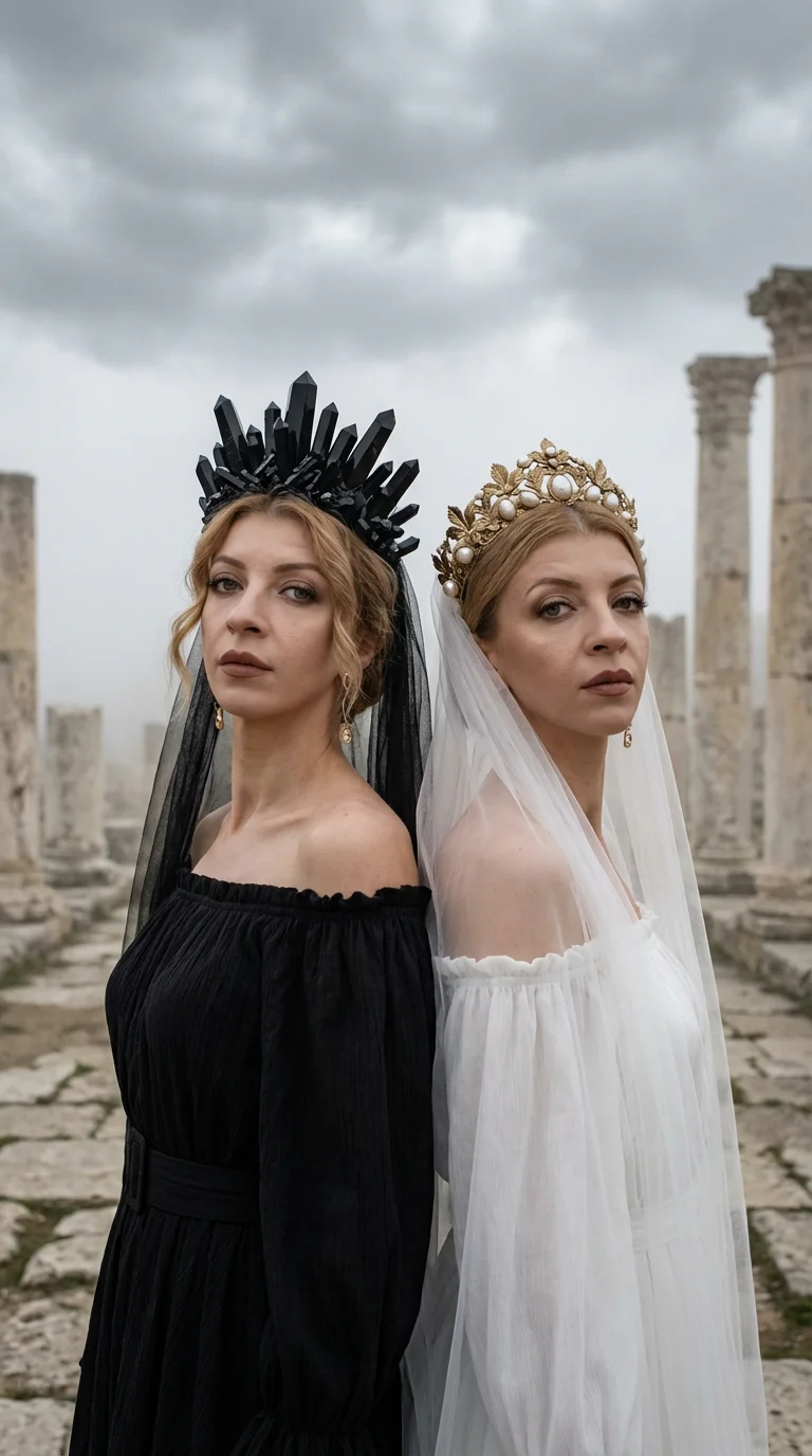 Two women stand sideways to the camera, back to back, arms at their sides, looking directly into the lens, heads tilted back slightly. The frame is at eye level, from the waist up.

Gemini-themed photoshoot.

Makeup: even matte skin tone, neutral smoky br