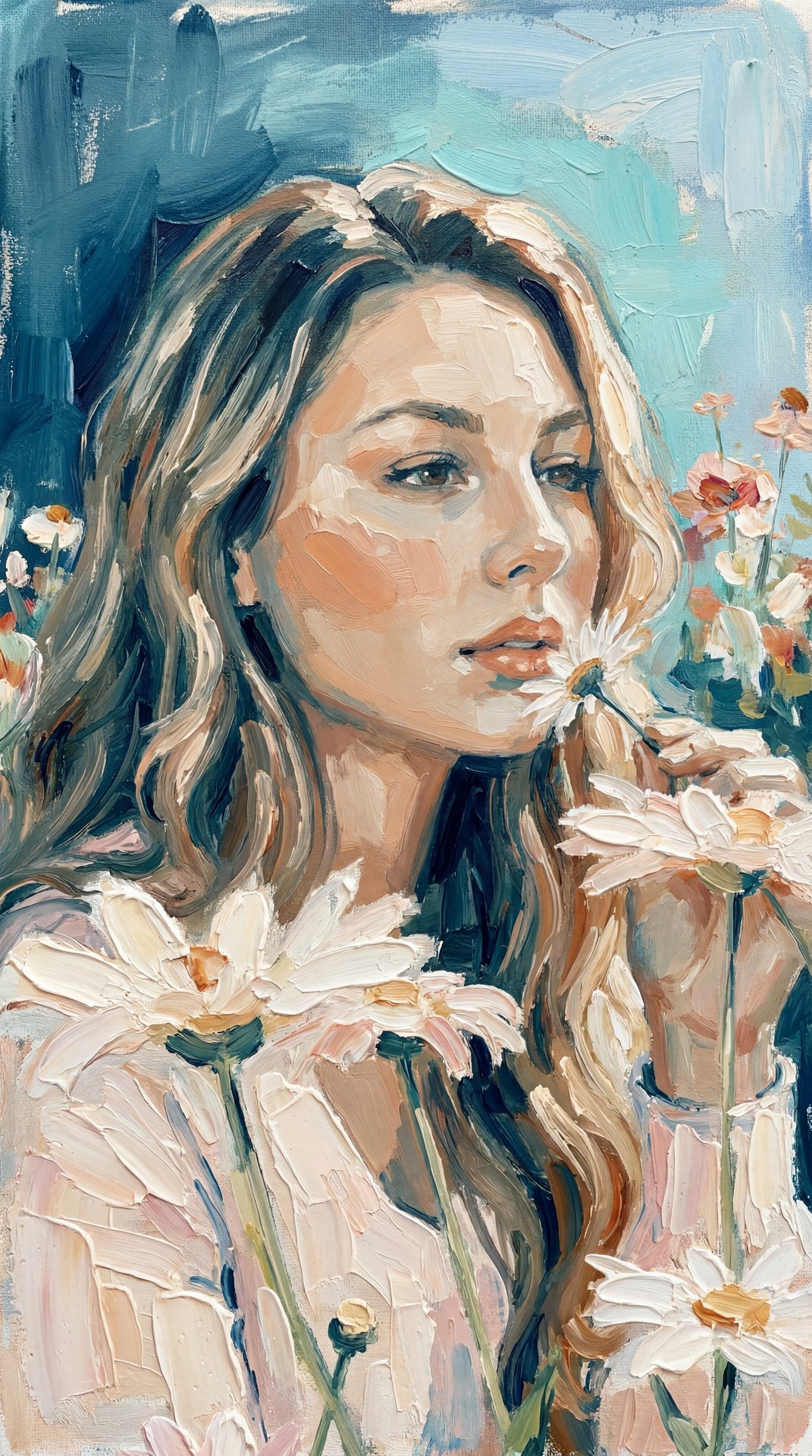 Create image: use the attached image as the main subject reference and transform it into a contemporary expressionist semi-abstract oil portrait painting.

STYLE:
Modern impressionist-expressionist portraiture with thick visible impasto brushstrokes, text