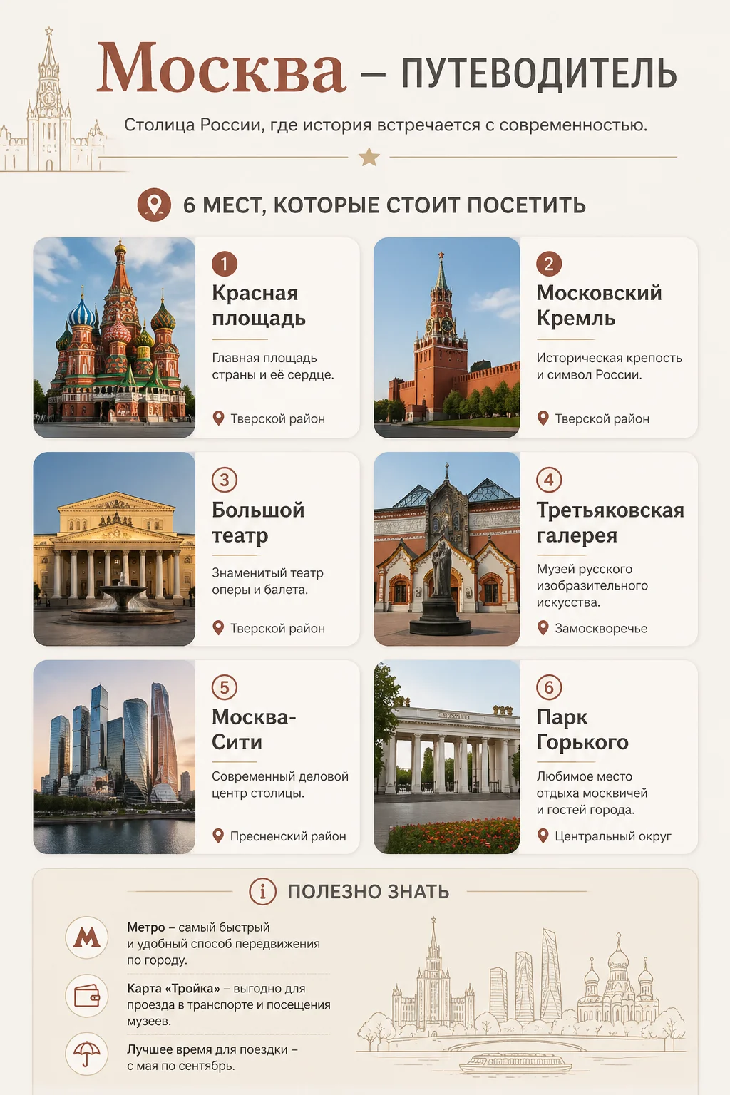 Create a clean vertical travel infographic for [Москва].

All text MUST be written in Russian and placed directly inside the image (not as separate captions).

Style: minimal, modern, aesthetic, Instagram/Pinterest style.

Layout:
— large title at the top