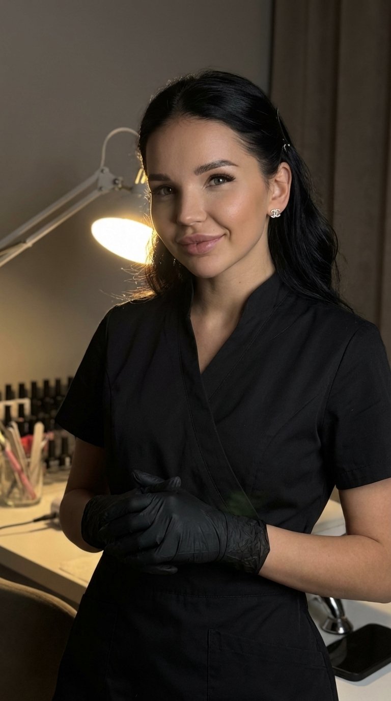 1.Create an image of the same female nail master wearing a black professional uniform, standing near her table after finishing work. She gently folds her black-gloved hands in front of her, smiling softly. The light from the manicure lamp creates a warm h