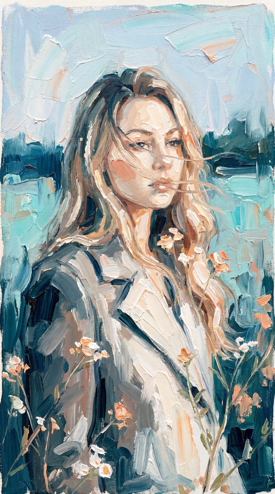 Create image: use the attached image as the main subject reference and transform it into a contemporary expressionist semi-abstract oil portrait painting.

STYLE:
Modern impressionist-expressionist portraiture with thick visible impasto brushstrokes, text