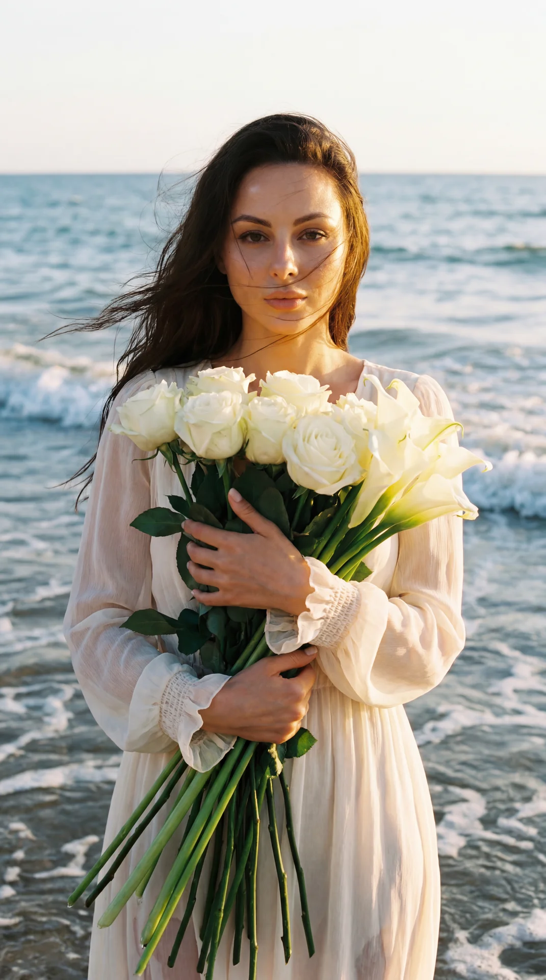 raw vogue flash portrait, waist-up female portrait standing in shallow ocean waves during golden hour, soft luxurious daylight, cinematic natural lighting, direct eye contact into camera, woman holding long-stem white flowers with both hands close to ches