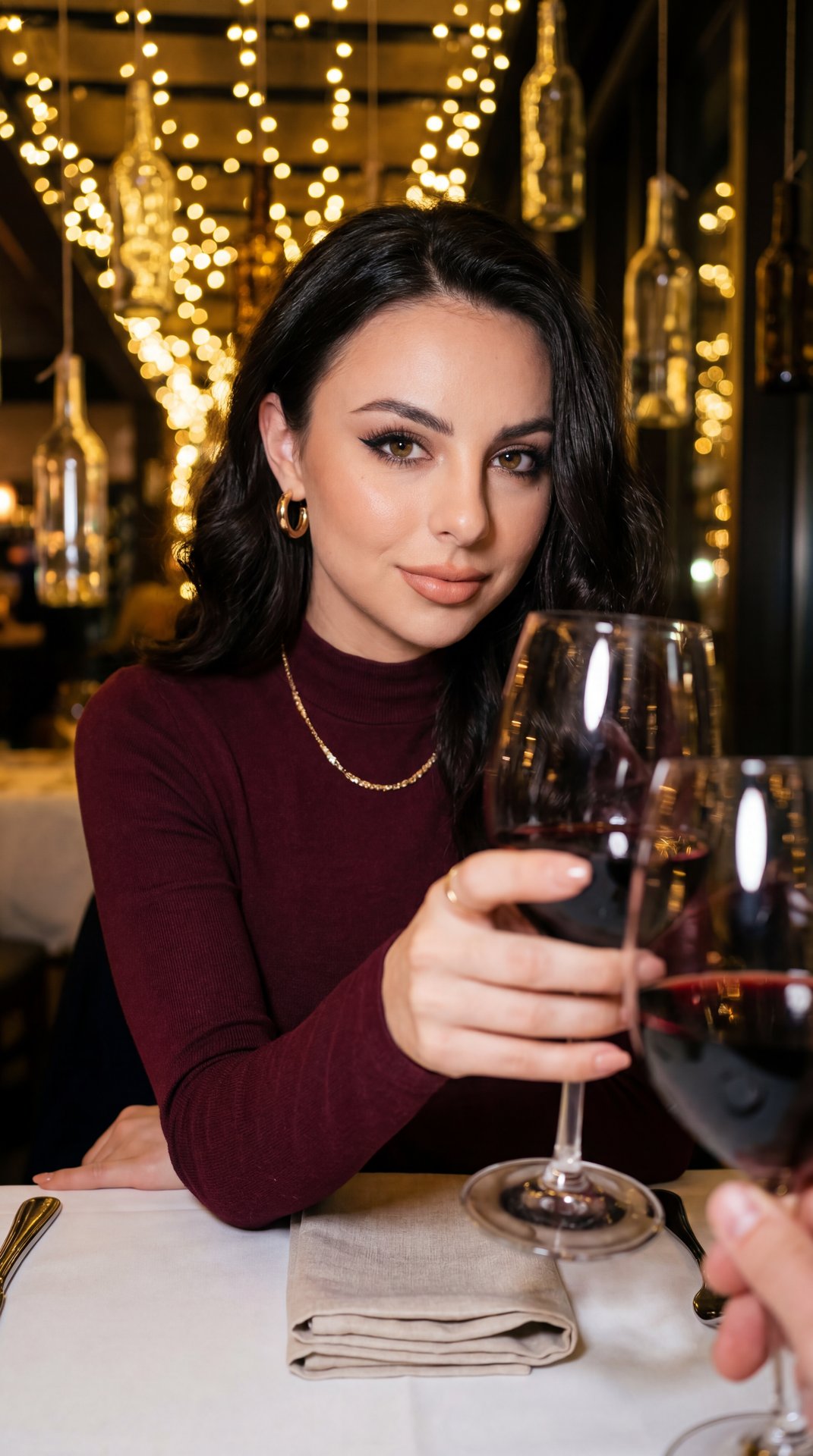 POV dining-partner shot in an intimate upscale restaurant at night, warm golden fairy lights and hanging bottle decor, white tablecloth, two red-wine glasses in the foreground (one in viewer’s hand, one in hers), creamy bokeh; medium close-up at eye level