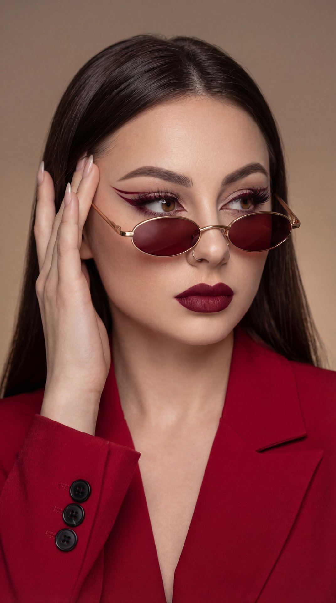A girl is captured in a professional, stylized photo shoot presenting a confident and slightly playful demeanor. She is posed with her head turned slightly to her right (viewer’s left), her gaze directed off to the side with eyes looking to the right as w