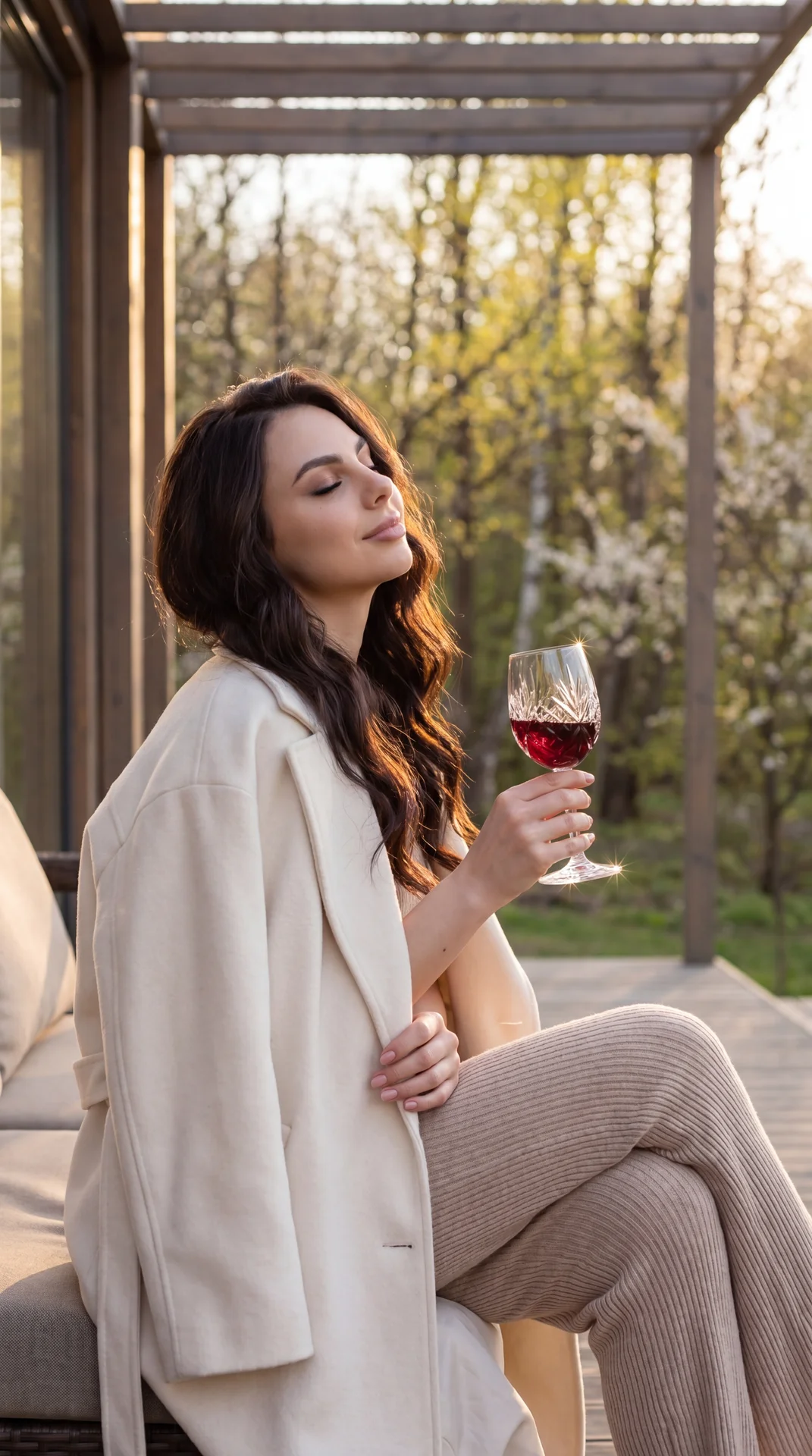 Hyper-realistic authentic raw photograph, completely indistinguishable from reality, unretouched lifestyle capture. Young woman seated sideways on an outdoor lounge at a modern wood-and-glass cabin patio, fresh and beautiful spring afternoon. Medium three