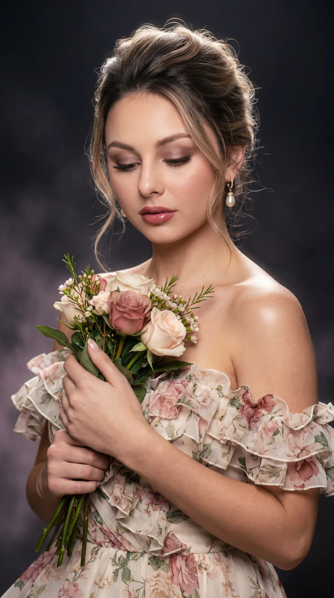 Create image: use the attached image for facial reference with high precision while preserving exact facial structure and natural asymmetry.

SCENE:
Late-90s glamour studio portrait. Subject wearing a luxurious ruffled floral dress with bare shoulders and