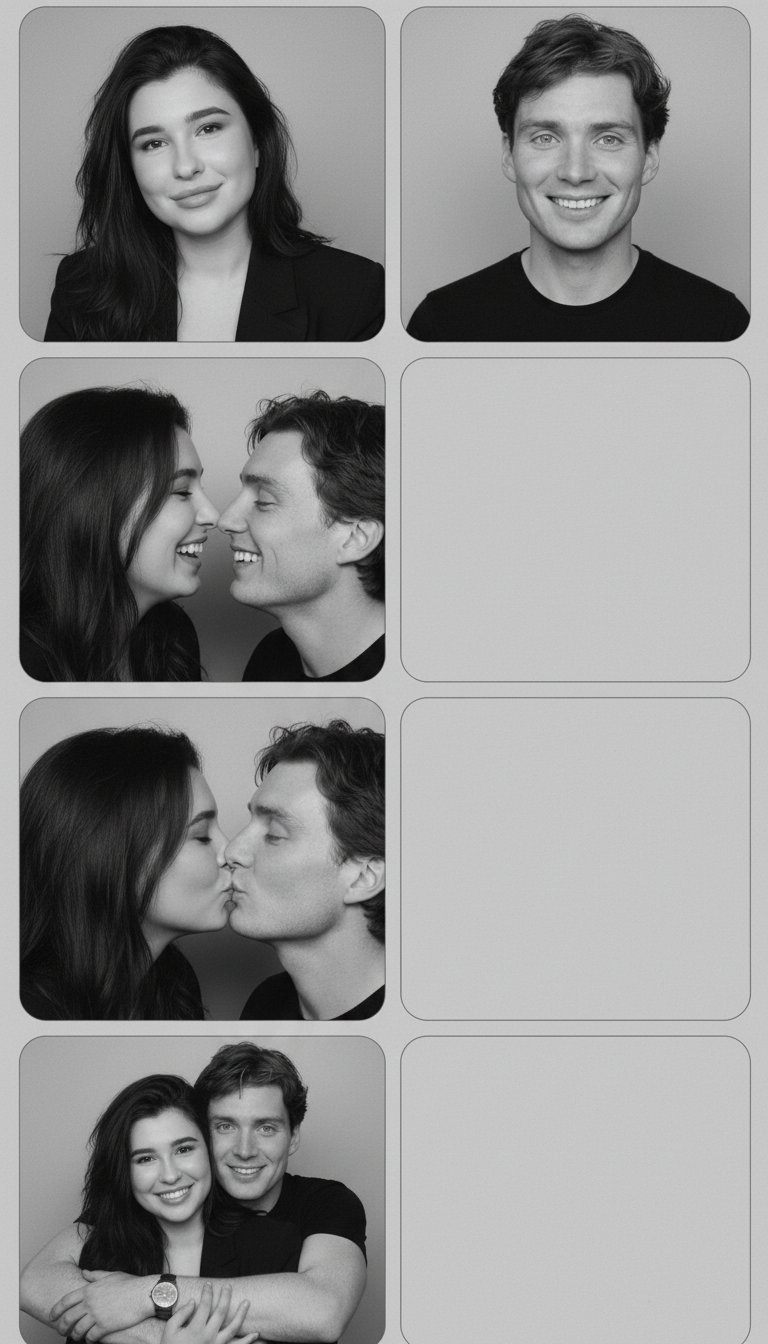 Фотореалистичная чёрно-белая фотобудка (photo booth) в формате вертикальной сетки 2 колонки х 4 ряда. Слева - серия живых кадров с парой (как на фото), справа - намеренно «пустые» или обрезанные кадры (частично видны плечо часть головы мужчины), создающие