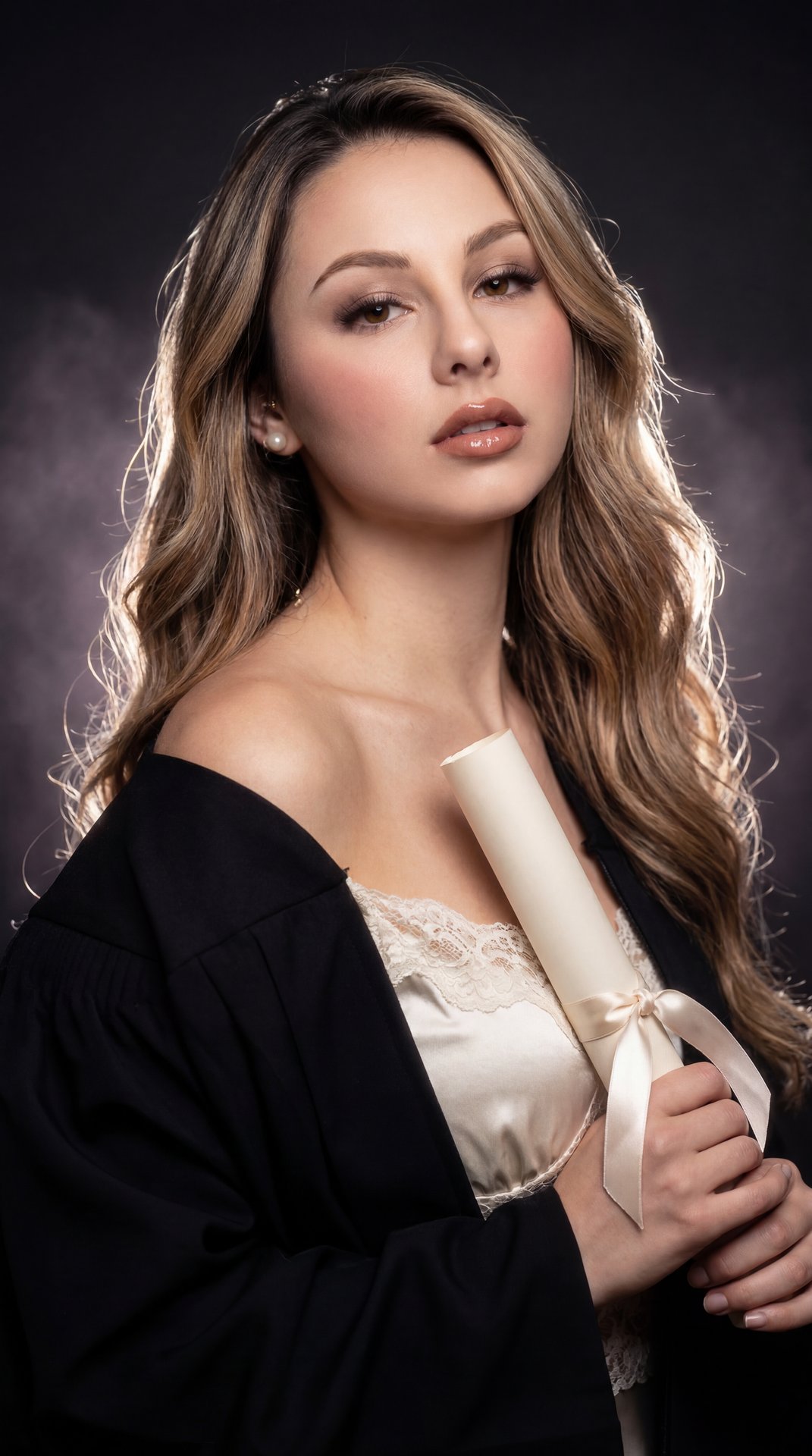 Create image: use the attached image for facial reference with high precision while preserving exact facial structure and natural asymmetry.

SCENE:
Dreamy vintage glamour graduation studio portrait. Subject wears a black graduation gown styled elegantly 