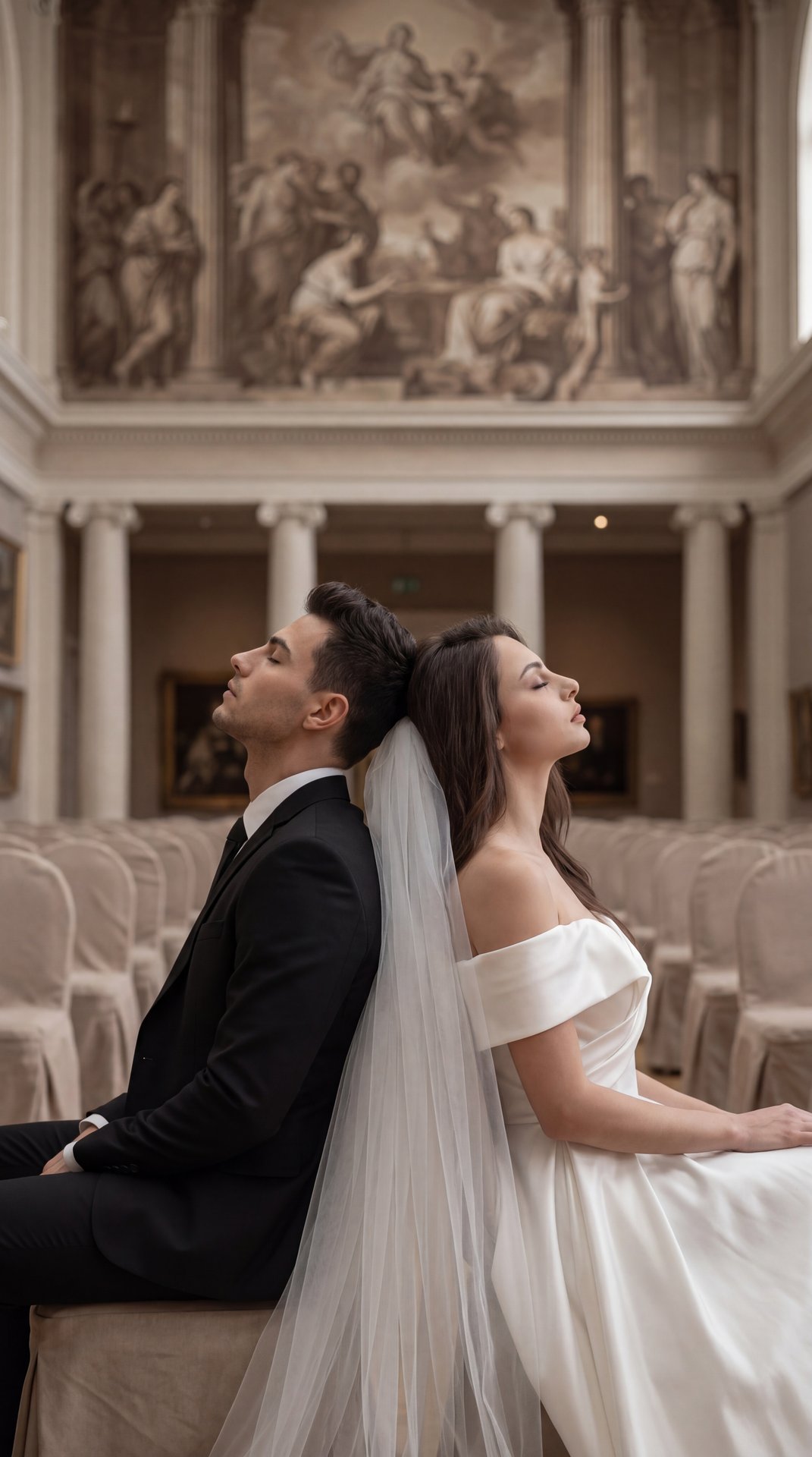 Cinematic museum wedding, professional photo: grand art gallery with sepia classical mural and columns, rows of beige-covered chairs; two adults seated back-to-back (groom left, bride right) on upholstered chairs, shoulders touching; medium shot (waist-up