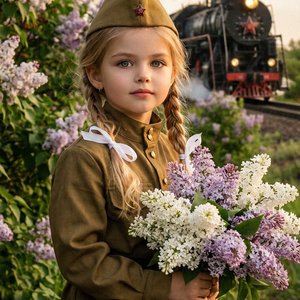 Формат 9:16\. Создай портрет, не изменяй черты лица, скопируй в точности с референсов форму бровей, глаз, ресницы, нос, губы, волосы\. Схожесть 100% Кинематографический близкий портрет
Девочка в советской военной форме с пилоткой
Волосы блестящие собраны 