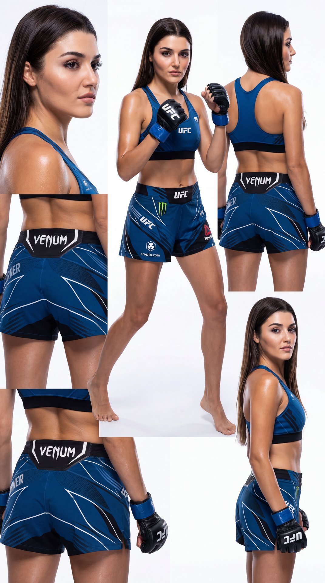 Фото одного и того же бойца UFC на чистом белом фоне. Разные ракурсы: крупный план лица, средний план, полный рост спереди, сбоку и сзади. Экипировка бойца UFC для синего угла: сине-черные шорты, перчатки UFC, боевая стойка. На шортах и экипировке размеще