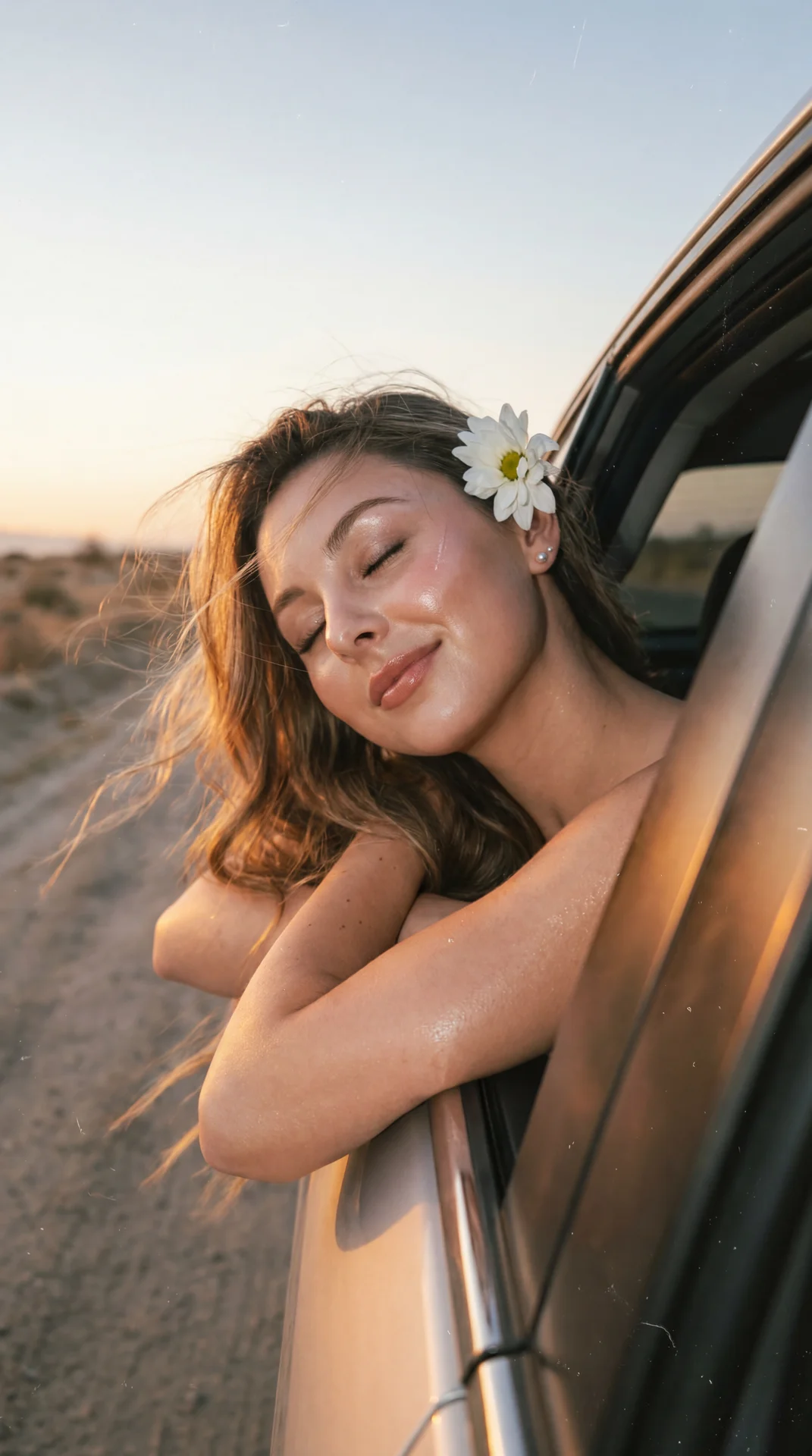 Create image: use the attached image as the main facial reference with high precision while preserving exact facial structure, recognizable identity, facial proportions, skin tone, and natural asymmetry.

A dreamy roadside photograph captured during a qui