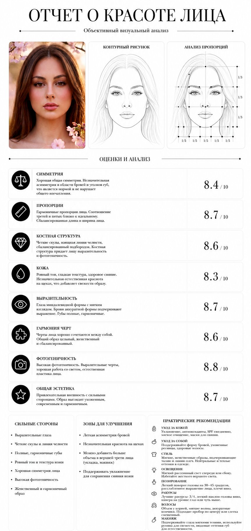 Create a clean, minimalist premium report on facial beauty based on the attached photo.
Style - luxury black & white aesthetic with subtle graphic lines, high-end editorial design, neat typography, and a modern aesthetic of a premium beauty analysis.
Form
