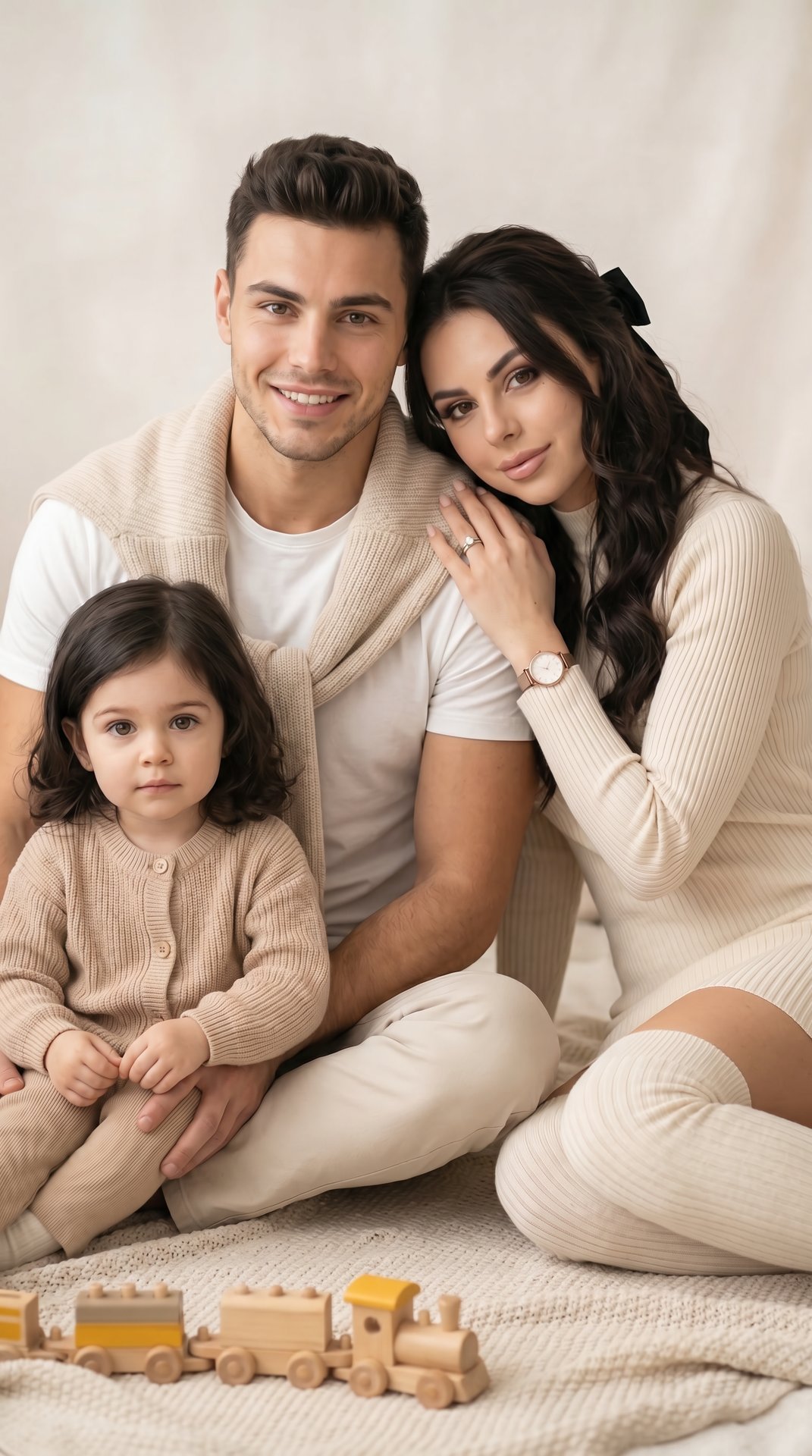 /img A real photograph, hyper-realistic, indistinguishable from a live photo, high detail, aspect ratio 9:16. A family portrait, shot with a professional camera, medium shot at eye level, depicting three people on a light-colored blanket against a soft, b