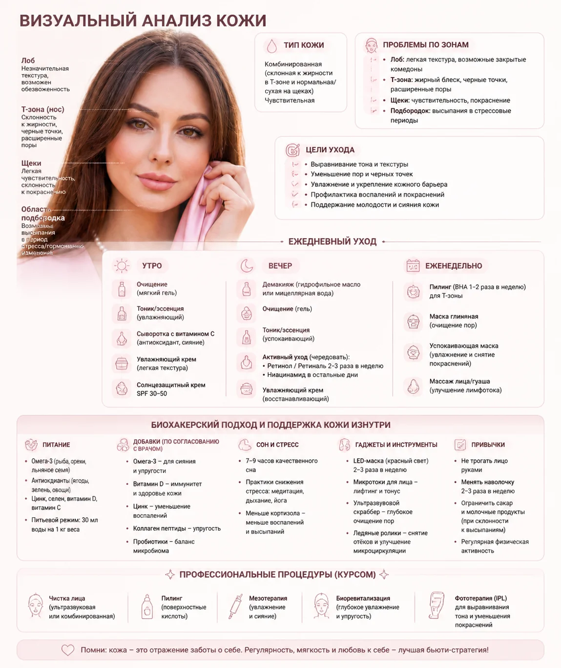 Create visual analisis of my skin, my skin type, what problems do I have in which areas, and what to do with that to fix it - skincare, routine, bio hackers tools and etc. The text on the image should be in Russian.