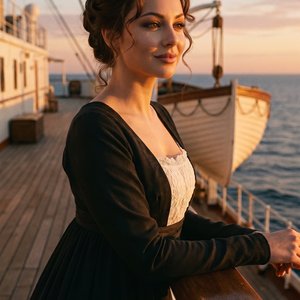 3) 
Use the uploaded SCENE REFERENCE image as an ABSOLUTE STRICT reference for:

• composition  
• pose  
• framing  
• Titanic ship deck environment  
• historical outfit  
• hairstyle  
• facial expression mood  
• warm sunset lighting  
• ship architec