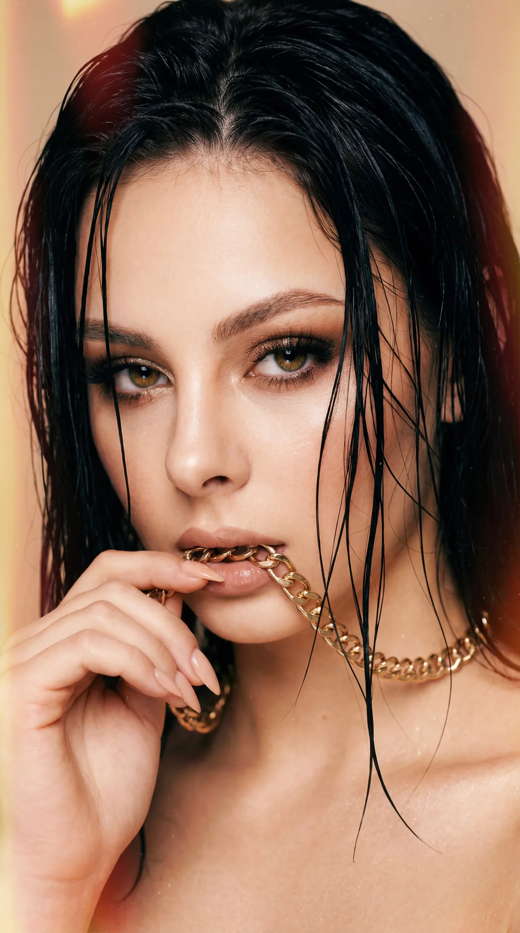 The image features a close-up of a woman with wet, jet-black hair that falls sleekly around her face. Her makeup is dramatic with bold, well-defined eyebrows and striking eye makeup, including long lashes that emphasize her intense gaze. She has full lips