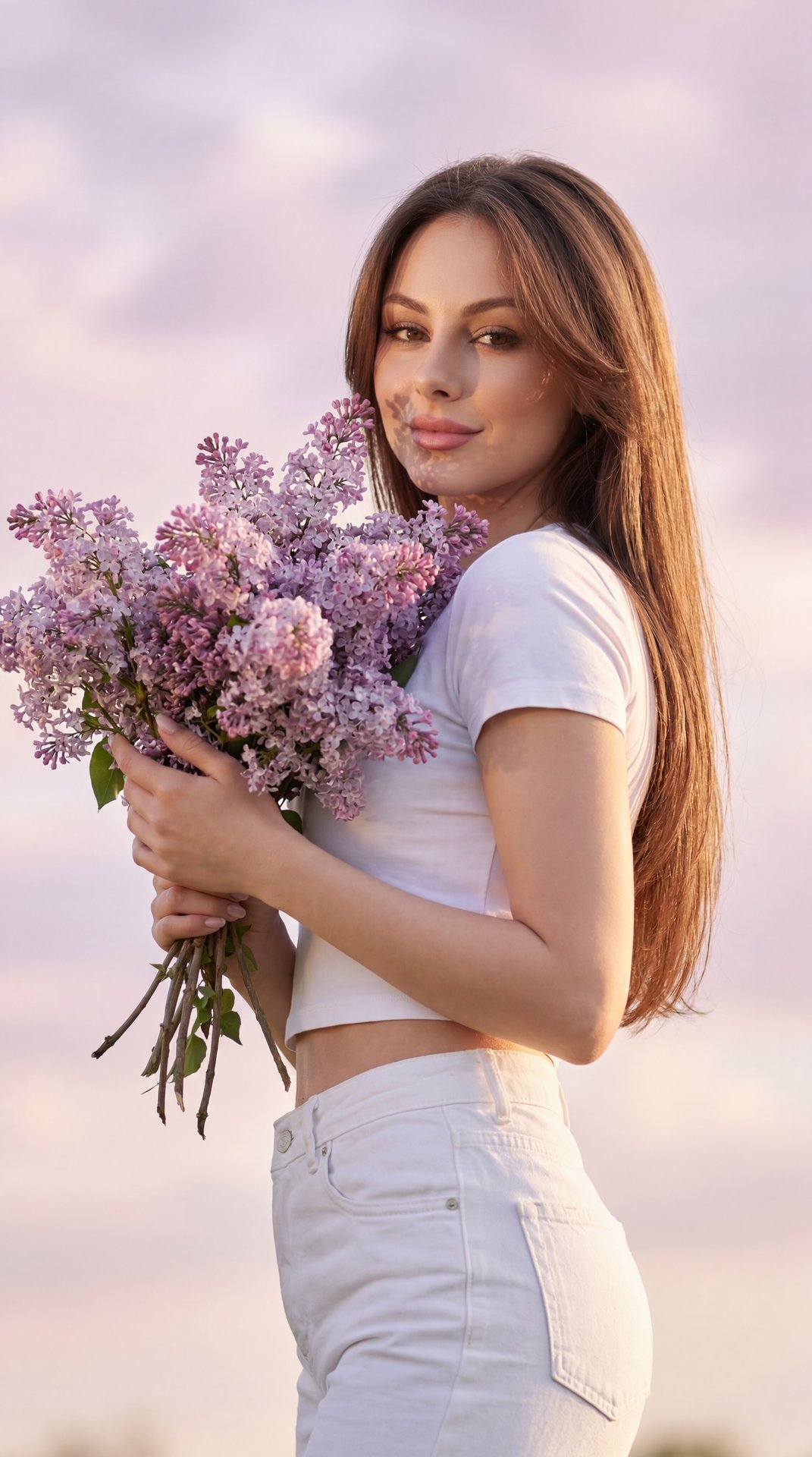 Professional portrait, medium shot (waist-up), slight low angle, three-quarter body turn; outdoor at golden hour under pastel pink-lilac clouds. Female model holds a large lilac bouquet at chest height—front hand (closer to camera) cradles the stems from 