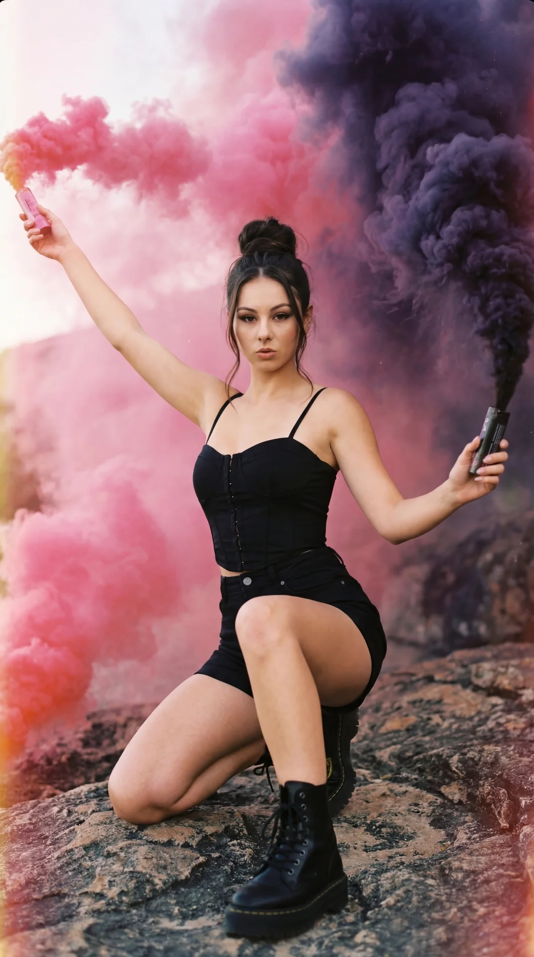 A girl is depicted kneeling on one knee on a rocky surface, surrounded by dense clouds of vibrant colored smoke — pink on her left side and dark purple-black on her right. She is posed with both arms raised and bent at the elbows, holding smoke grenades i