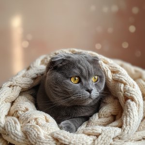 Домашний питомец в уютной обстановке, укутан в мягкий вязаный плед крупной вязки. Поза естественная, не идеально постановочная (лёгкое движение, взгляд в сторону или в камеру с эмоцией). Тёплый направленный боковой свет создаёт мягкие тени и подчёркивает 