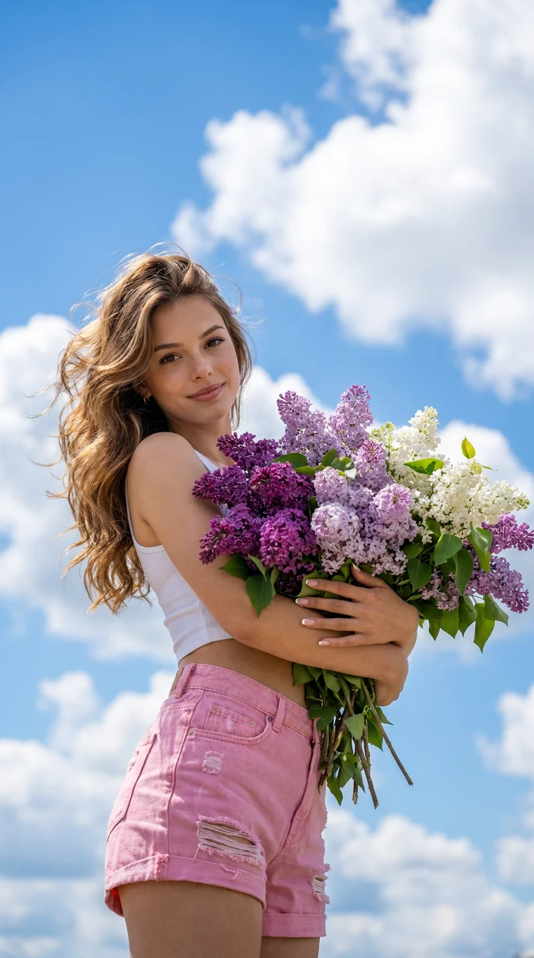 Camera angle: Low-angle shot that makes the figure appear dynamic against an endless sky.

Framing: Medium shot focusing on the face, hands, and upper body.

Pose: The woman is standing in a three-quarter view toward the camera. She is firmly holding a hu