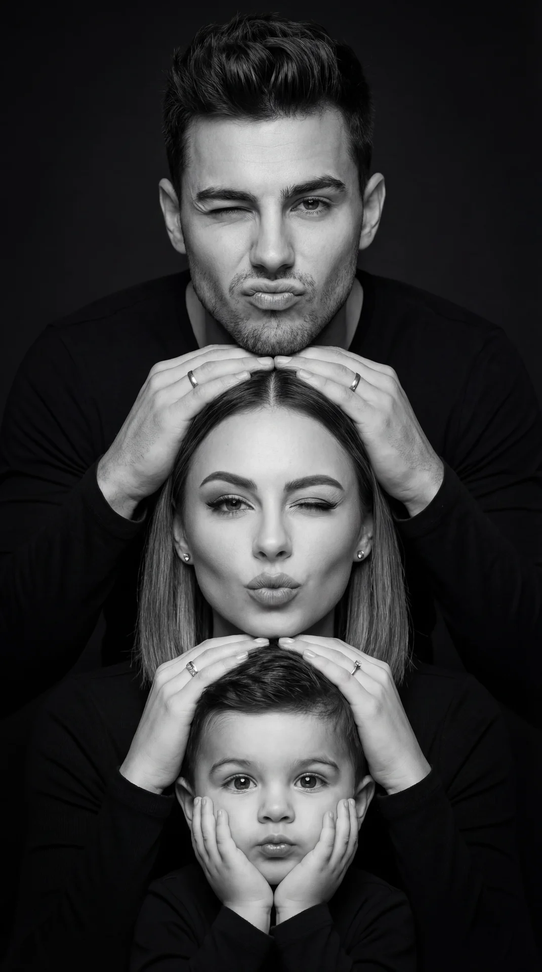 Create a high-contrast black-and-white studio portrait of a three-person family stacked vertically in a perfectly centered totem-pole composition, faces closely matching the reference image identities, preserving exact facial structure,
proportions, skin 
