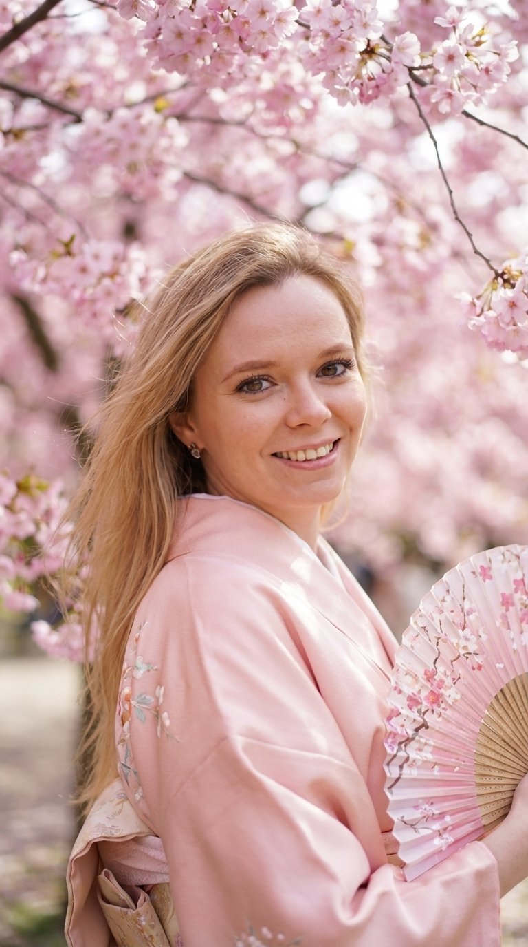 Ultra-detailed portrait of a young woman with a cute and charming smile, looking towards the camera. She is wearing a soft pastel pink traditional kimono, standing under blooming cherry blossom trees (sakura), cinematic spring atmosphere. She is gently tu