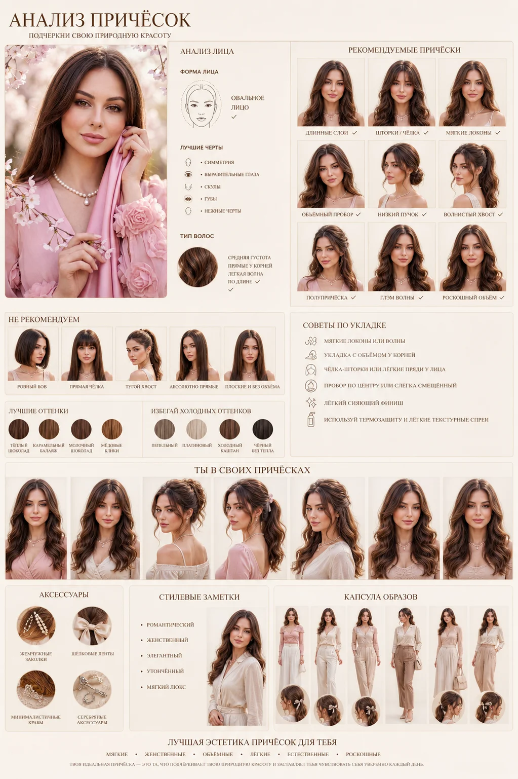 Create a high-end editorial “Hairstyle Analysis Board” using this portrait. Luxury fashion magazine style (Dior / Ralph Lauren aesthetic), clean beige/ivory background, warm tones, soft diffused lighting, ultra-detailed photorealistic quality, consistent 
