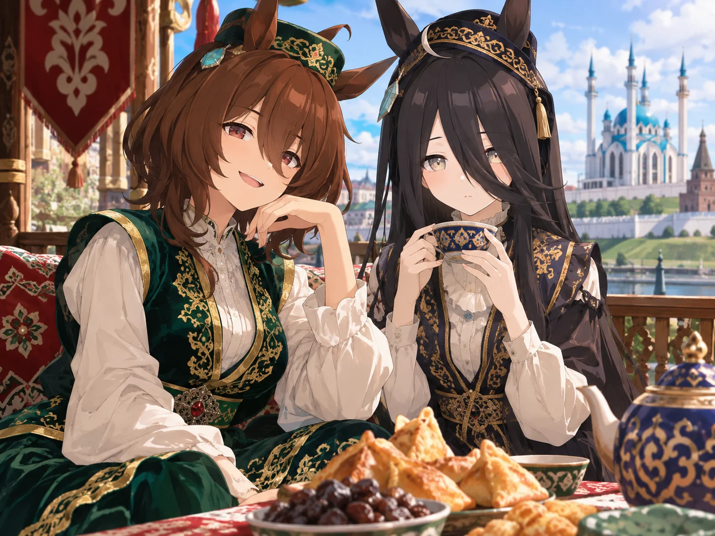 Agnes Tachyon and Manhattan Cafe from Umamumuse in national Tatar outfits.