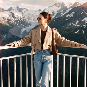 A girl on an Alpine observation deck, shot by a professional camera at eye level, full-length (up to mid-thigh), in profile three quarters to the left; arms spread wide along a white metal railing on wooden balusters, hands slightly relaxed, fingers sligh