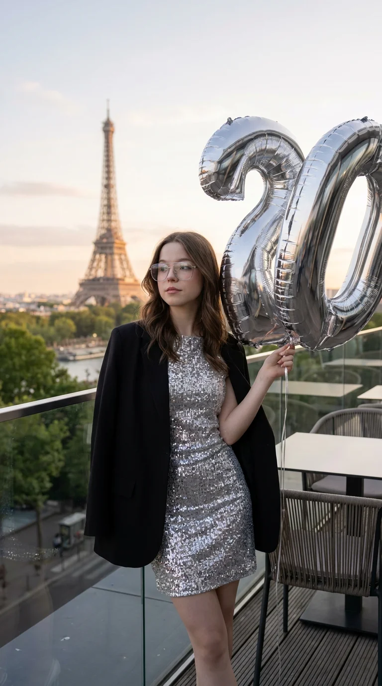 A hyper-realistic fashion photo of a beautiful young woman standing on a modern stylish balcony of an outdoor cafe. The cafe has a contemporary design with glass railings and minimalist decor. In the background, the Eiffel Tower is visible in the distance