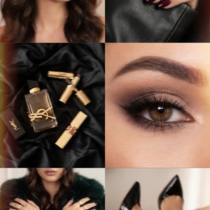 This image is a collage of six different sections, each illustrating elements of luxury and glamour.

1. **Top Left**: A woman with striking makeup looks off to the side. Her eyes are accentuated with dramatic eyeliner and shadow, and her lips are outline