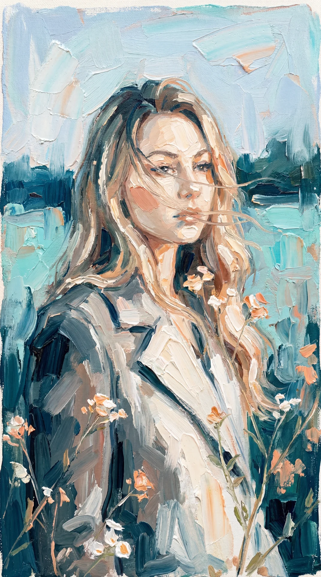 Create image: use the attached image as the main subject reference and transform it into a contemporary expressionist semi-abstract oil portrait painting.

STYLE:
Modern impressionist-expressionist portraiture with thick visible impasto brushstrokes, text